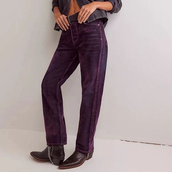 Free People We the Free First Class Low Rise Relaxed Straight Flocked Jeans - Picture 2 of 7